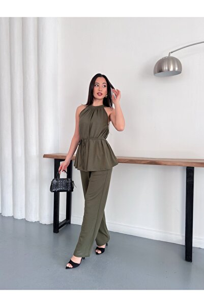 BELISTIL Halter Neck Stylish Wear-And-Go Double Suit with Belted Trousers