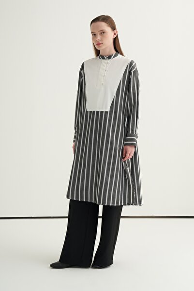 EBU Prive Γυναικείο τουνίκ με γιακά με αντίθεση, μαύρο ριγέ