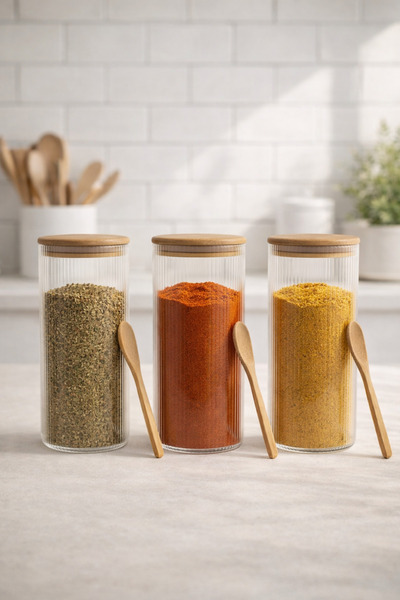 Kitchen Way بامبو طقم برطمانات زجاجية من البوروسيليكات سعة 1500 مل مع ملعقة م...