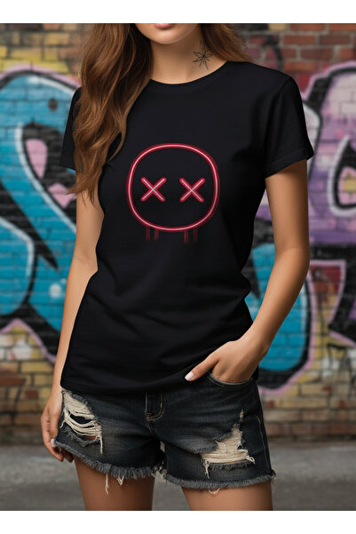 ship master Women's Neon Smile X Eye Printed Black T-Shirt 100% Cotton Daily ...