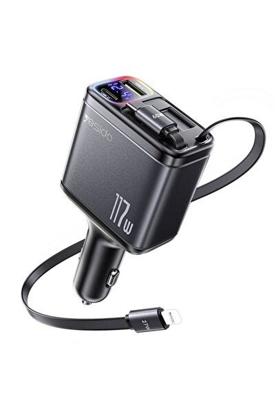 Yesido Încărcător auto, 117W, 2x cabluri retractabile, USB, Tip-C, LED ambien...