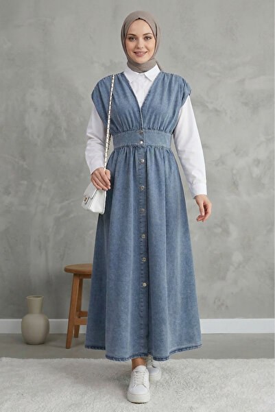 FERHEL Women's Washable Denim Button-Front Hijab Gile Dress - Ice Blue