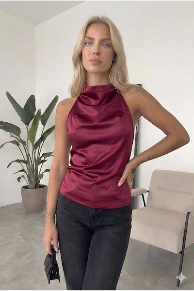 hazelin Women's Burgundy Halter Neck Satin Fabric Backless Blouse Hzl26W-Fry1...