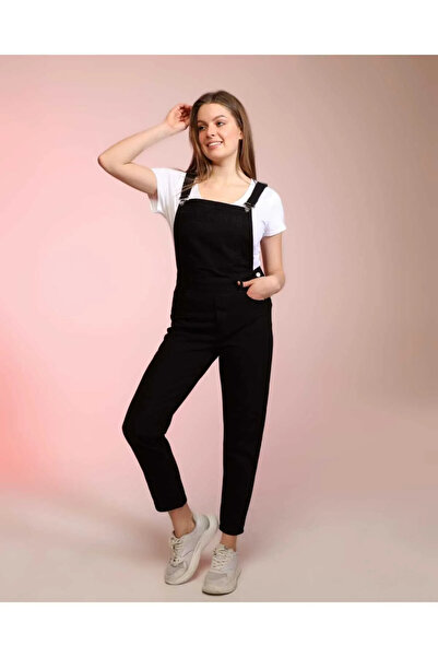sion jeans Siyah Ön Cepli Askılı Dar Paça Boyfriend Kadın Denim Salopet Tulum