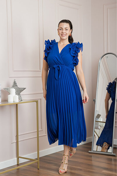 OEM Rochie plisata albastru regal cu volane si cordon in talie