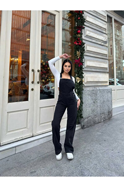 sion jeans Siyah Ön Cepli Askılı Bol Paça Salaş Boyfriend Palazzo Kadın Denim...