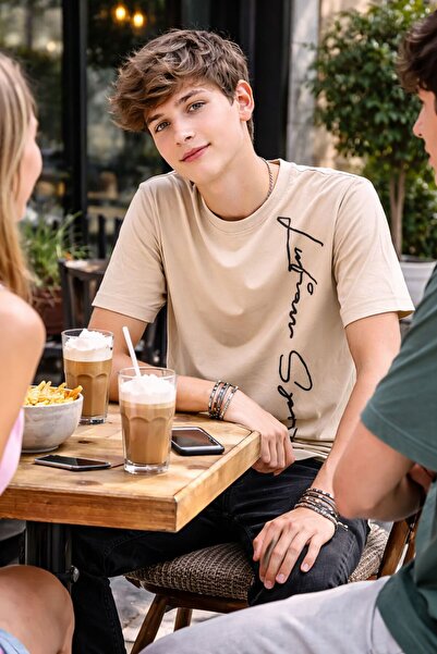 GMG Baby Men's Equivalent Lfn Slim Fit Crew Neck Beige 100% Cotton T-Shirt