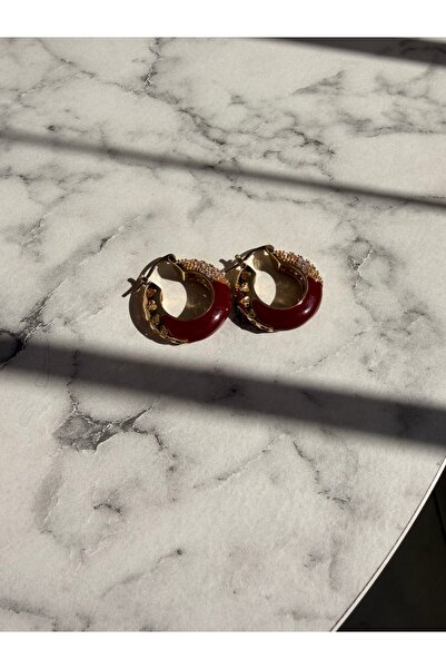 nurjewelry Bordo Taş Detaylı Gold Halka Kadın Küpe
