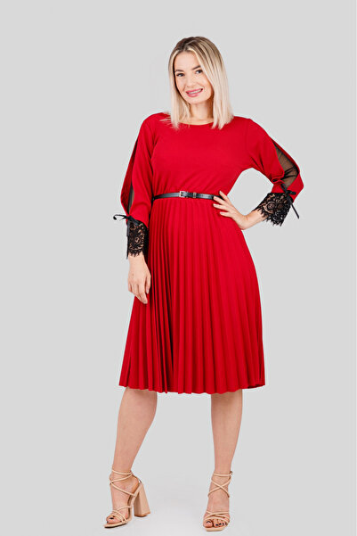 OEM Rochie plisata rosie cu dantela si curea in talie