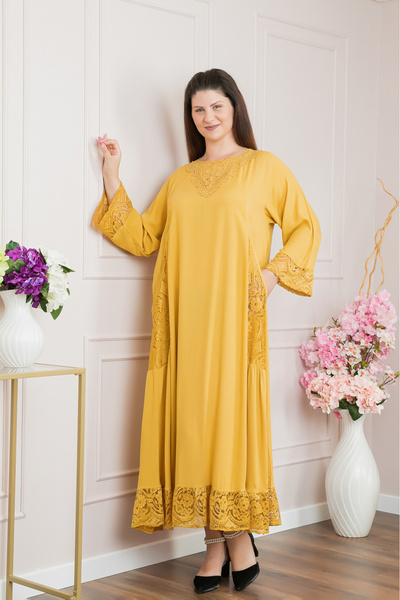 OEM Yellow boho chic dress with floral lace appliqués
