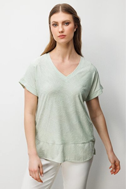ON TRİKO V-Neck Patterned Plus Size Blouse 71343