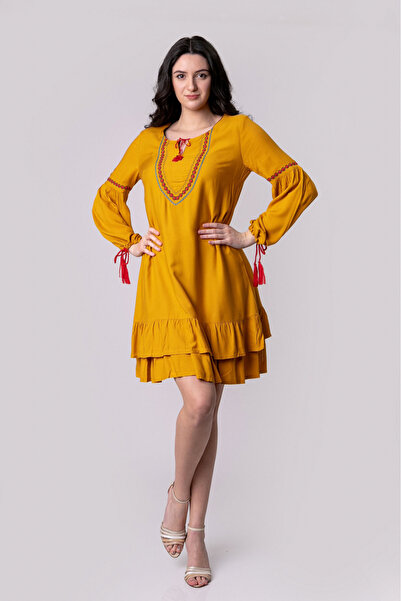 OEM Mustard yellow boho-chic dress with ruffles and long sleeves