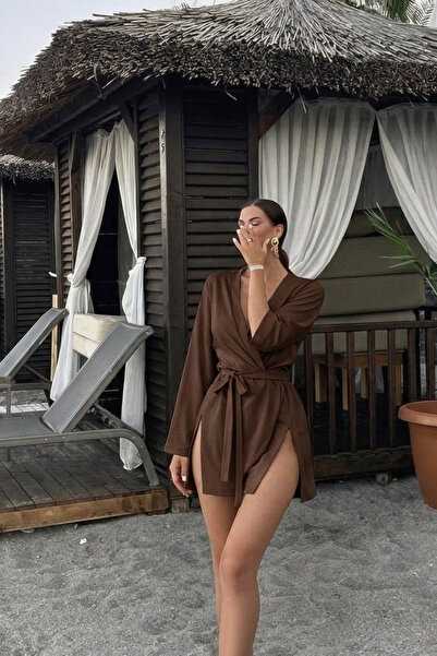 COMBİNE MİCHAİL Women's Straight Fit Basic Brown Mini Kimono