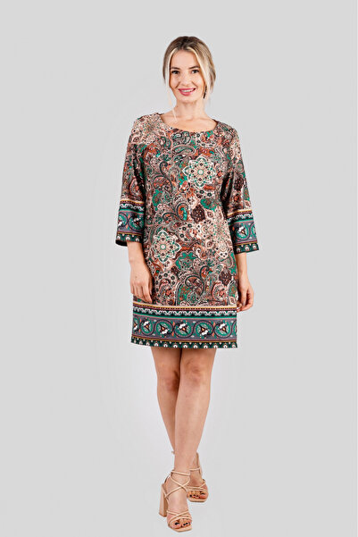 OEM Multicolored office dress with green floral print and three-quarter sleeves