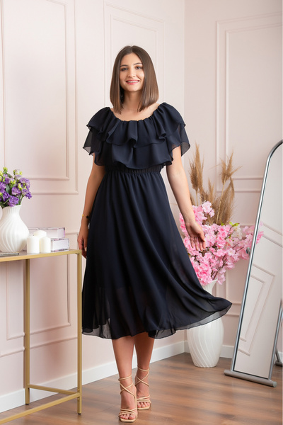 OEM Rochie Joyce eleganta din voal cu volane - Bleumarin