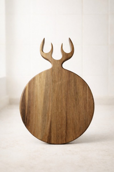 MİS KİTCHEN Acacia Wood Deer Horn Strappy Presentation Board Cheese Breakfast...