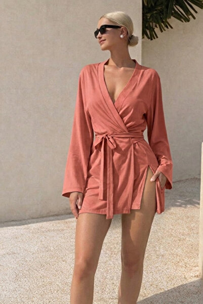 COMBİNE MİCHAİL Women's Soft V-Neck Belted Pink Kimono