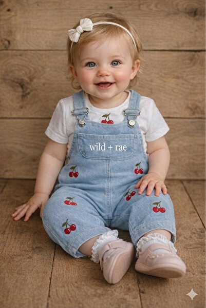 EYMİRGİYİM Kiraz Nakışlı Kot Salopet Kız Bebek Çocuk 2'li Takım 6-9 Ay, 9-12 ...