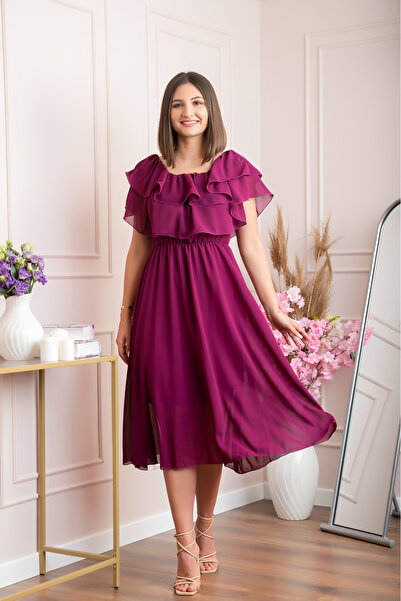 OEM Rochie Joyce eleganta din voal cu volane - Magenta