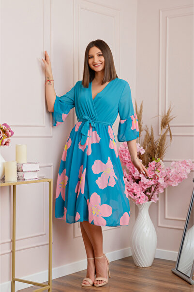 OEM Rochie elegantă din șifon cu imprimeu floral turcoaz