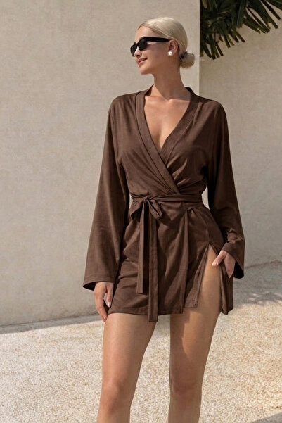 COMBİNE MİCHAİL Women's Soft V-Neck Belted Brown Kimono