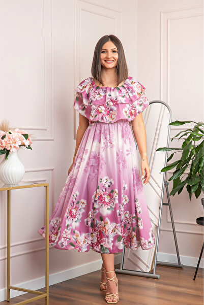 OEM Elegant dress with voluminous ruffles and pink floral print
