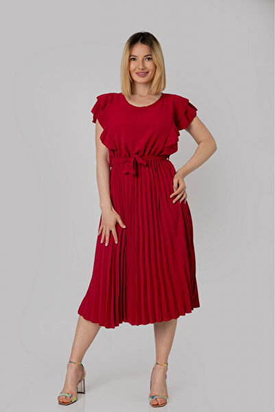 OEM Rochie plisata grena cu volane pe maneci