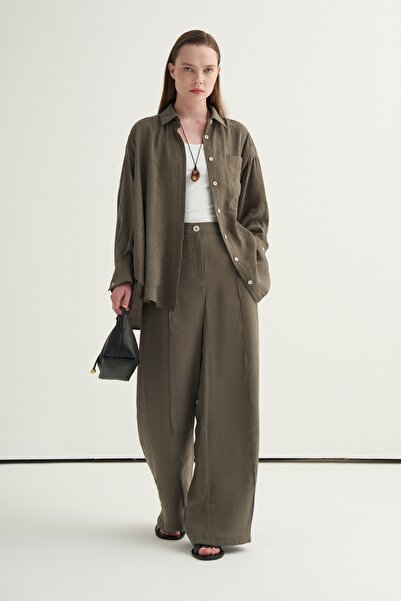 EBU Prive Set cămașă și pantaloni pentru femei modal supradimensionat kaki