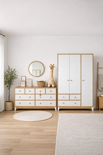 Koza %100 MDF Bonnie Ahşap Beyaz 3 Kapılı Gardırop & %100 MDF Ahşap Beyaz 8 Ç...