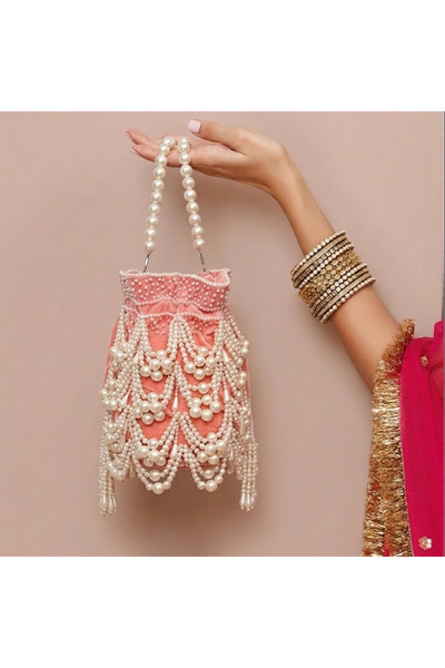 Just Pretty Corner Luxurious Pink Pearl Potli with Heavy Beading - Traditiona...