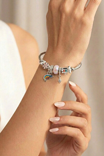 Wuclo Rainbow and Art Themed Charm Detailed Silver Pink Bijouterie Handcuff B...