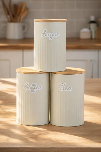 decorev Bambu Kapaklı Metal Çay Kahve Şeker Kavanoz Seti
