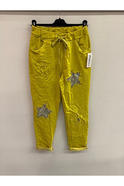 della moor Women's Yellow Italian Star D Patterned Sequined Elastic Waist Lac...