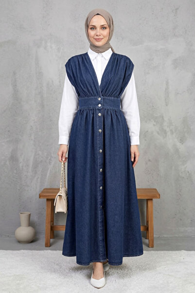 FERHEL Women's Washable Denim Button-Front Hijab Gile Dress - Navy Blue