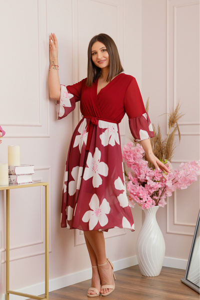 OEM Rochie elegantă din șifon cu imprimeu floral bordo