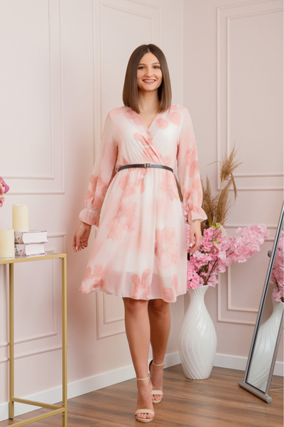 OEM Rochie eleganta Melody din voal cu imprimeu floral roz pastel si bust pet...