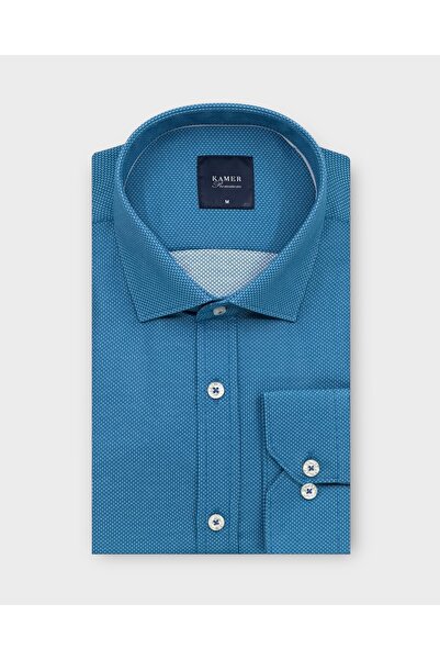 KAMER Men's Regular Fit Long Sleeve Classic Collar Dobby Turquoise Shirt 3850t