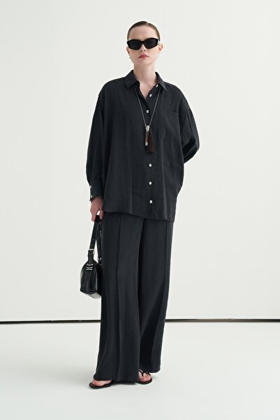 EBU Prive Set cămașă și pantaloni pentru femei modal supradimensionat negru