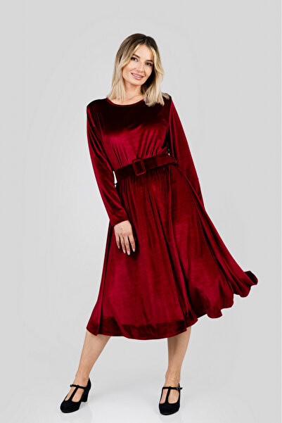 OEM Rochie din catifea vișinie cu curea în talie
