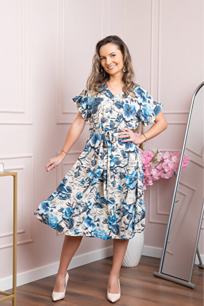 OEM Elegant blue dress with ruffles and drawstring waist