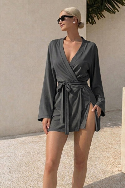 COMBİNE MİCHAİL Women's Soft V-Neck Belted Smoked Kimono