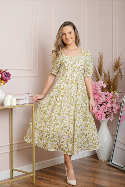 OEM Elegant dress with floral print and functional pockets - beige