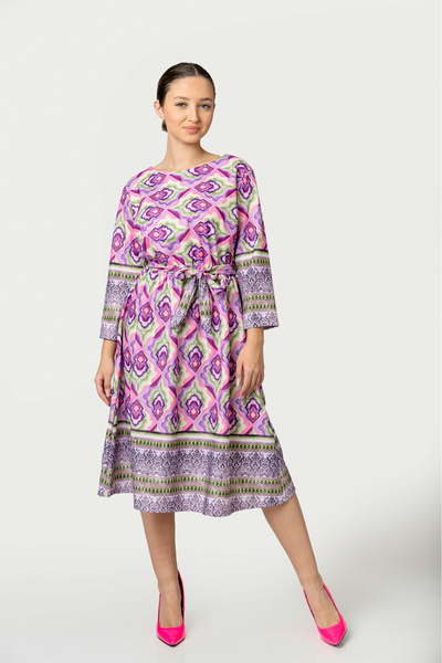 OEM Rochie office liliac cu imprimeuri mandala și șnur în talie