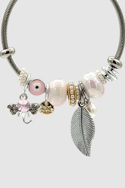 Wuclo Silver Bijouterie Handcuff Bracelet with Charm Detail, Leaf and Elephant Figures