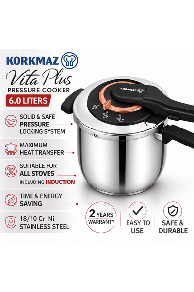 korkmaz züccaciye طنجرة ضغط كوركماز فيتا بلس سعة 6.0 لتر مصنوعة من الفولاذ ال...