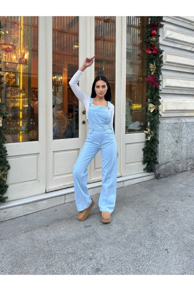 sion jeans Buz Mavi Ön Cepli Askılı Bol Paça Salaş Boyfriend Palazzo Kadın De...