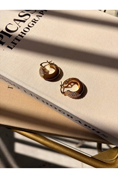 nurjewelry Kahve Ton Emaye Taş Detaylı Gold Halka Küpe – Şık Kadın Küpe
