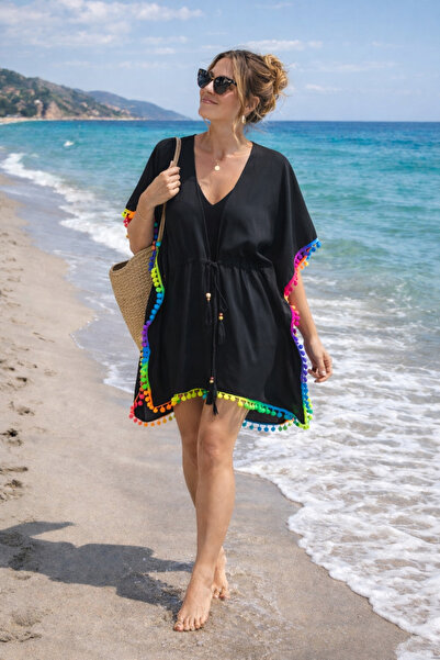 Saria Moda Πολύχρωμο Λεπτό Γυναικείο Παρεό με Λεπτομέρεια από Πομπόν