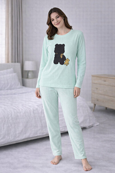 FUDS UNİON Women's Teddy Bear Embroidered Cotton Pajama Set – Long Sleeve Com...