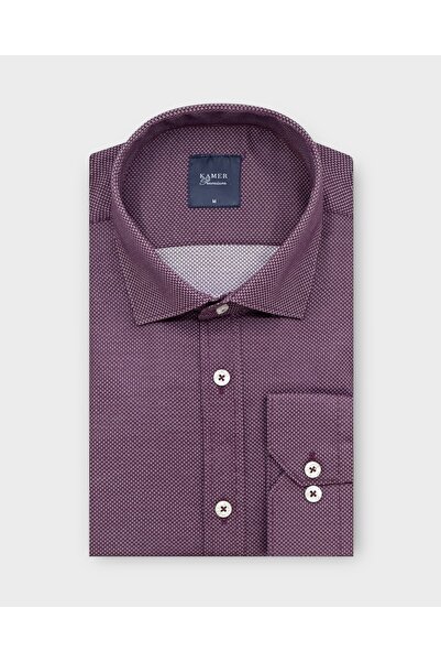 KAMER Men's Regular Fit Long Sleeve Classic Collar Dobby Burgundy Shirt 3850R